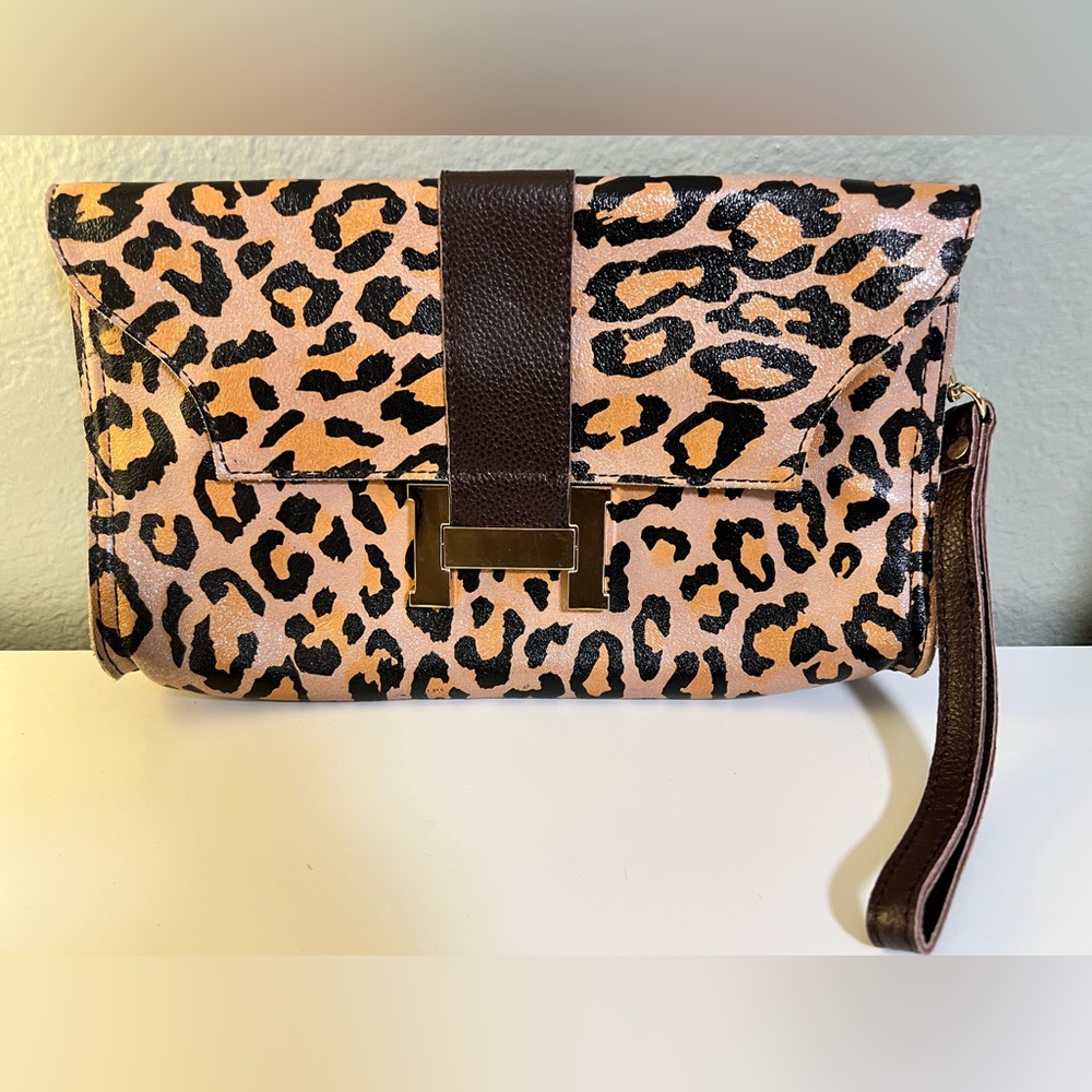 Marni leopard leather wristlet clutch large size